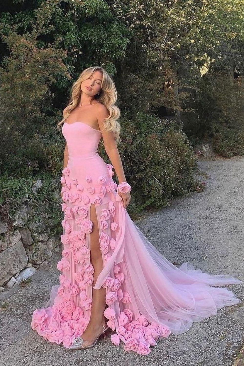 Charming Pink Mermaid Strapless Long Tulle Prom Dress with 3D Flowers
