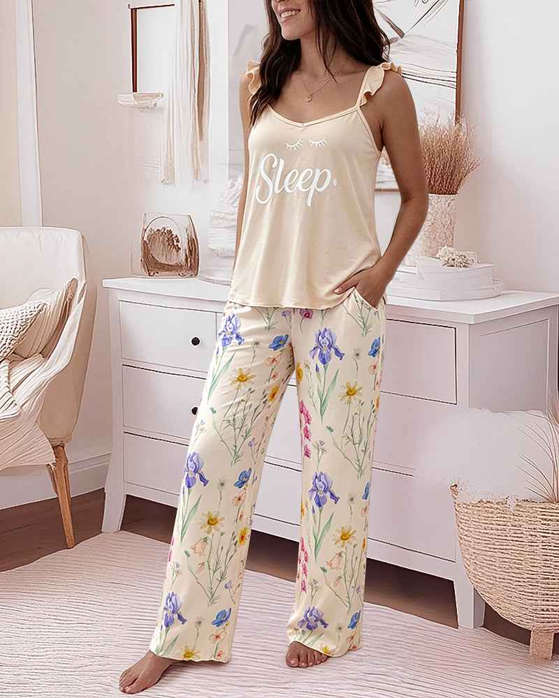 Floral Wide Leg Cami Pajama Set | Ruffle Trim & Comfortable Fit