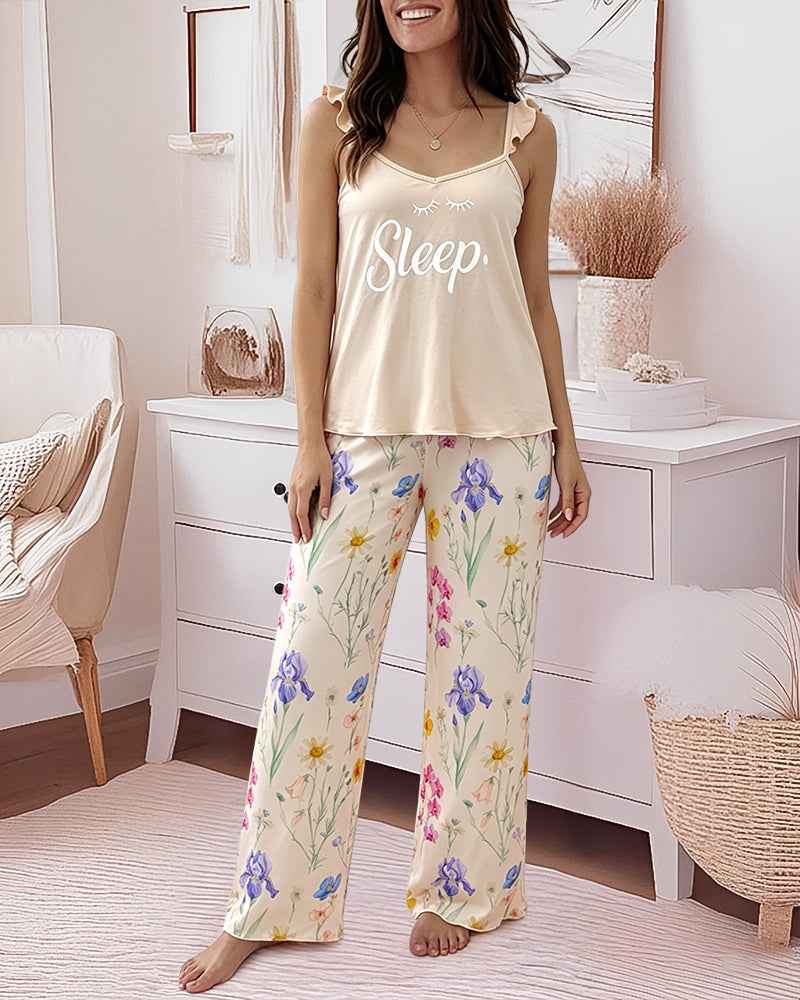 Floral Wide Leg Cami Pajama Set | Ruffle Trim & Comfortable Fit
