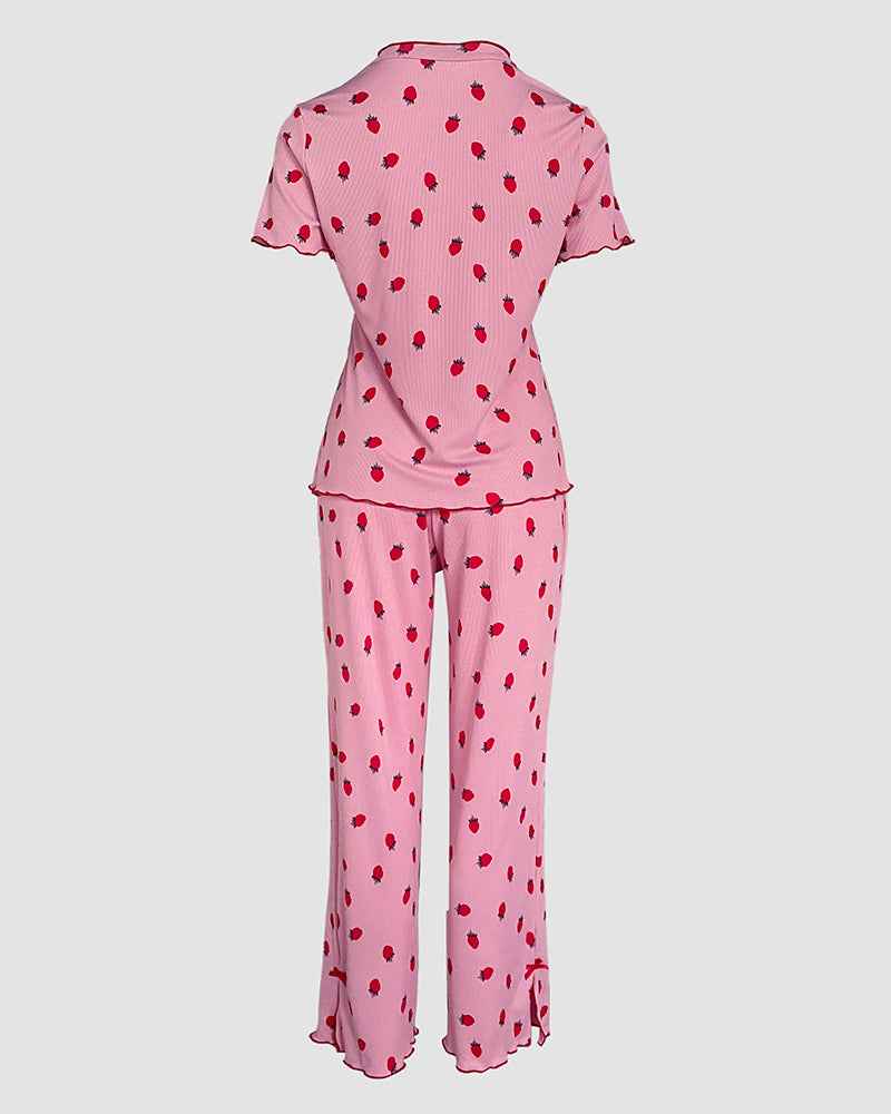 Cozy Strawberry Print Pajama Set with Stand Collar for Women