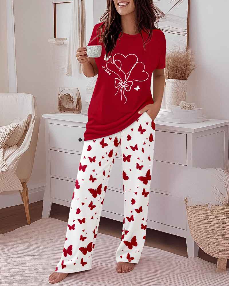 Pink Pajama Set Elastic Waist Pants Heart Print Cozy Knit Soft Relaxed Fit All Day Comfort