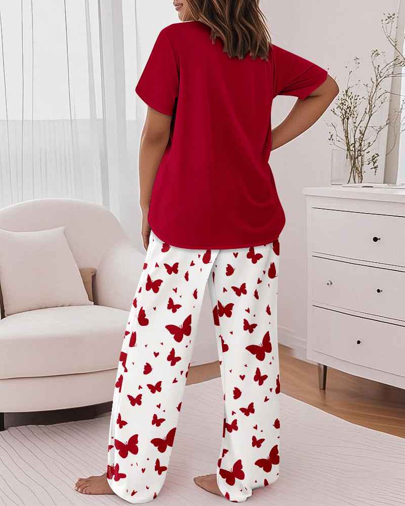 Pink Pajama Set Elastic Waist Pants Heart Print Cozy Knit Soft Relaxed Fit All Day Comfort