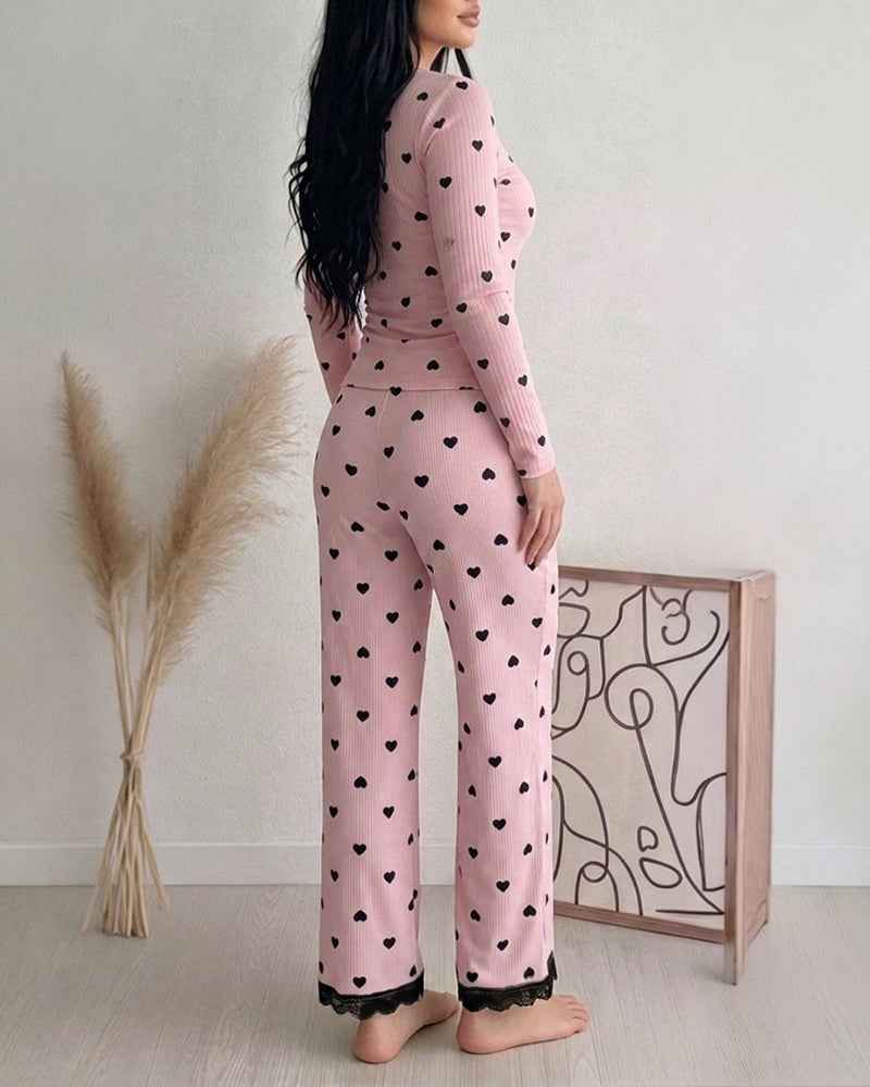 Women's Heart Print Lounge Set with Lace Trim | Cozy Home Comfort