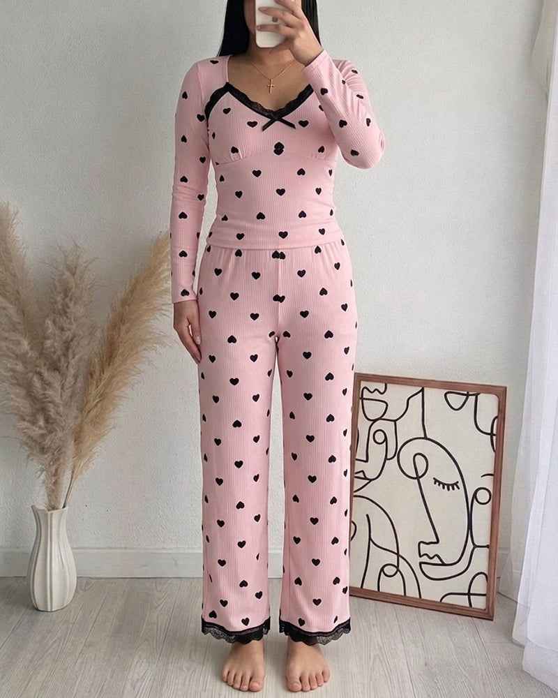 Women's Heart Print Lounge Set with Lace Trim | Cozy Home Comfort