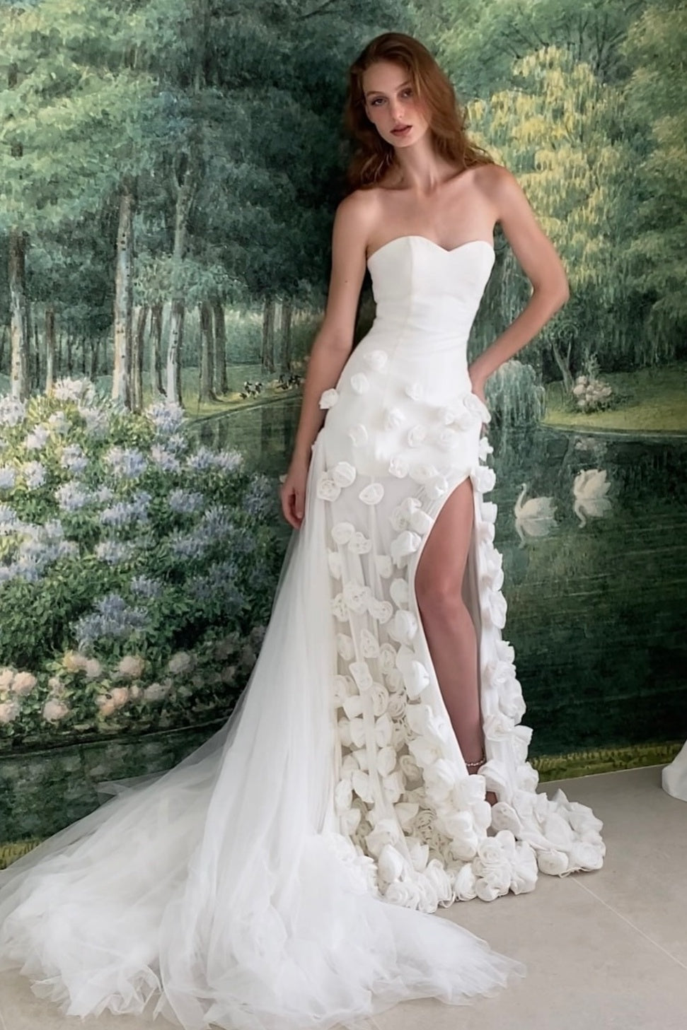 Charming Pink Mermaid Strapless Long Tulle Prom Dress with 3D Flowers