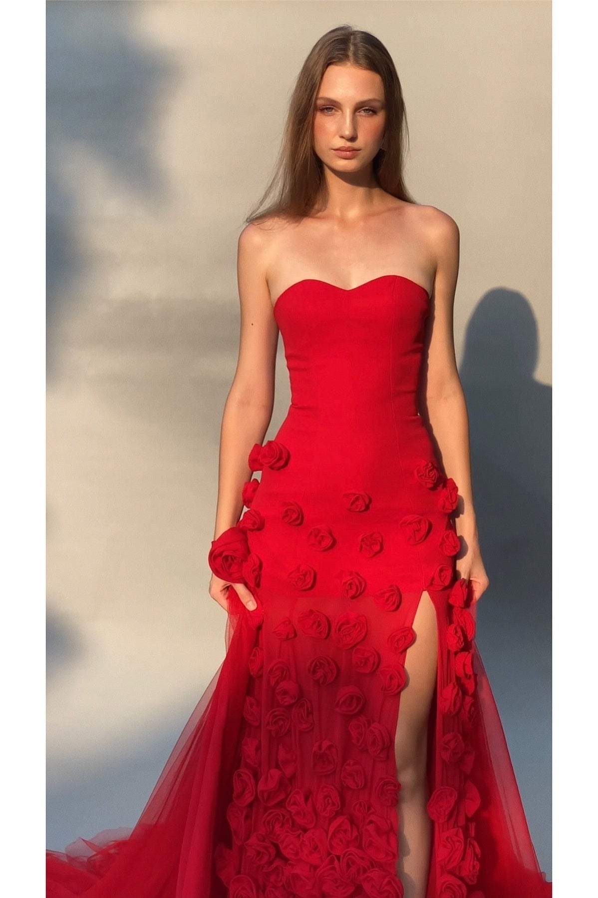 Charming Pink Mermaid Strapless Long Tulle Prom Dress with 3D Flowers