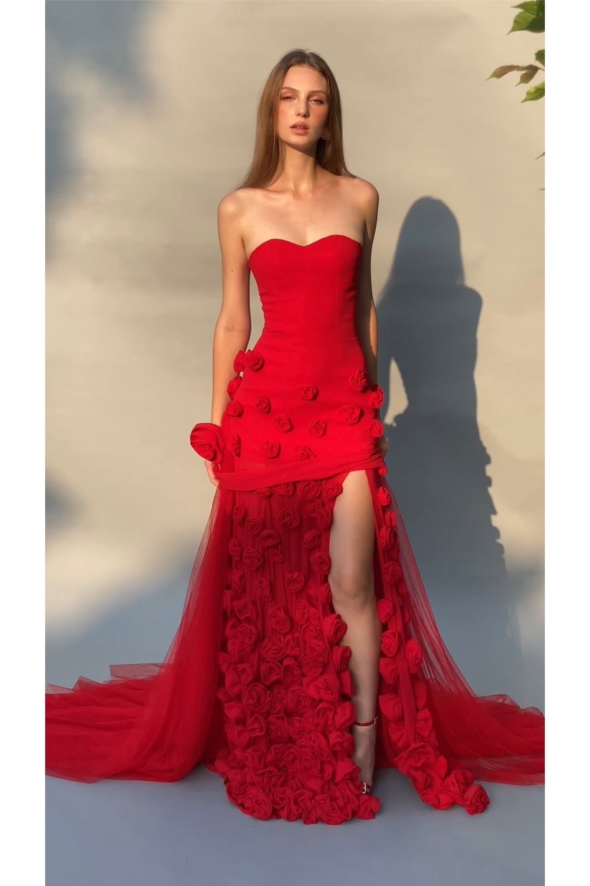 Charming Pink Mermaid Strapless Long Tulle Prom Dress with 3D Flowers