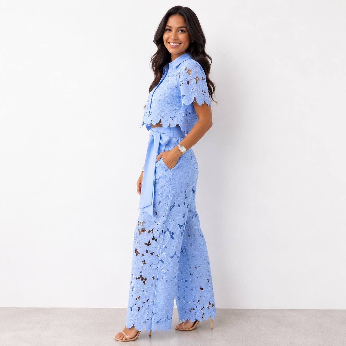Crochet Lace Short Sleeve Crop Top and Wide Leg Pants Two Piece Set