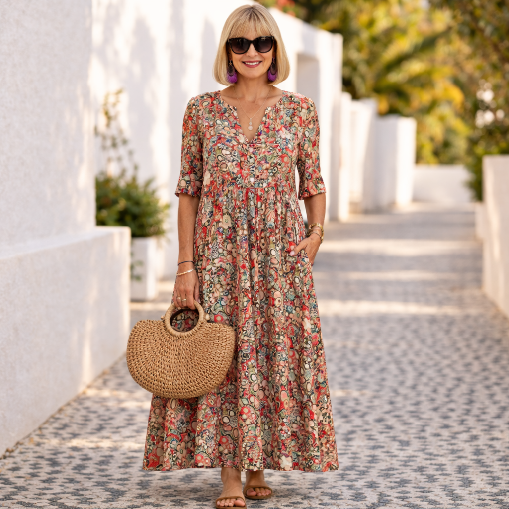 Floral Print V-Neck Short Sleeve Pocket Maxi Dress Summer