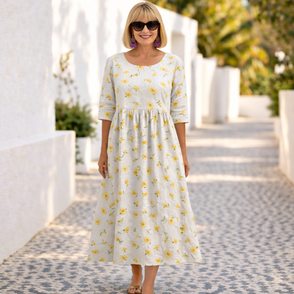 Round Neck Half Sleeve Floral Embroidered Midi Dress