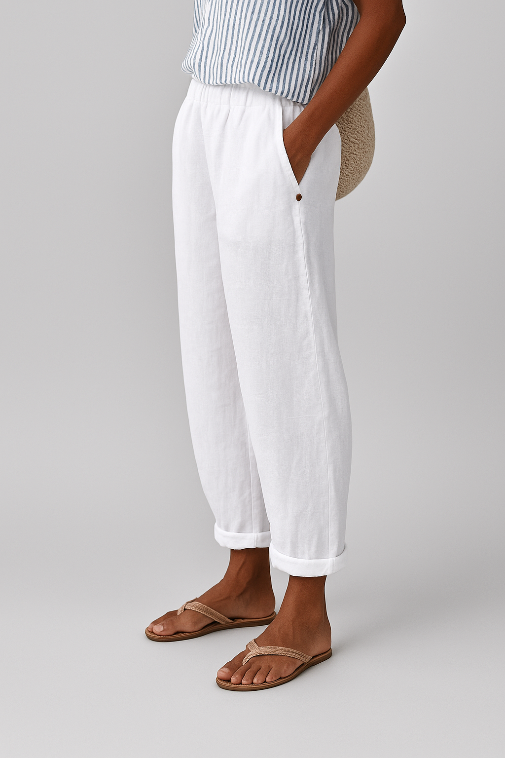 High Waist Tapered Crop Linen Look Pants