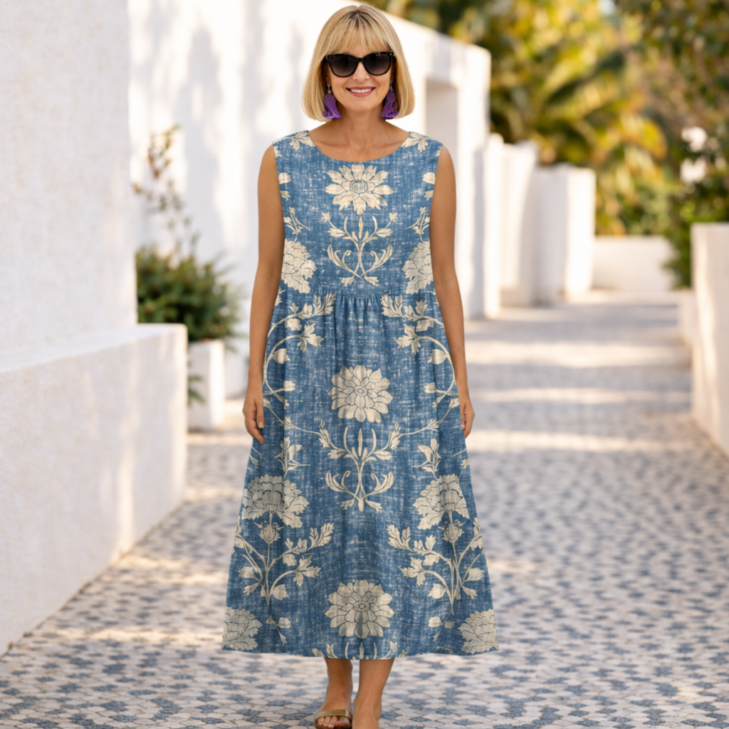 Floral Round Neck Sleeveless Midi Dress