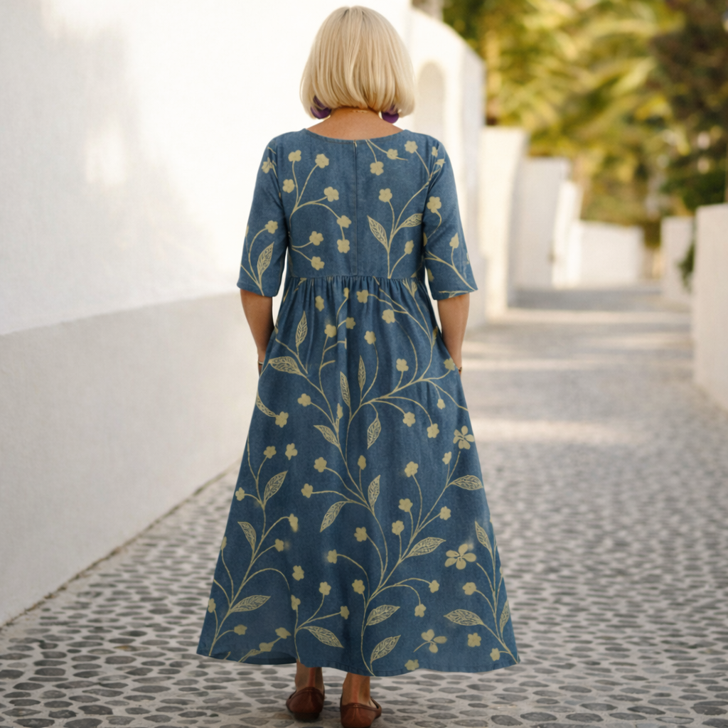 Floral Embroidered Round Neck Half Sleeve A-Line Midi Dress