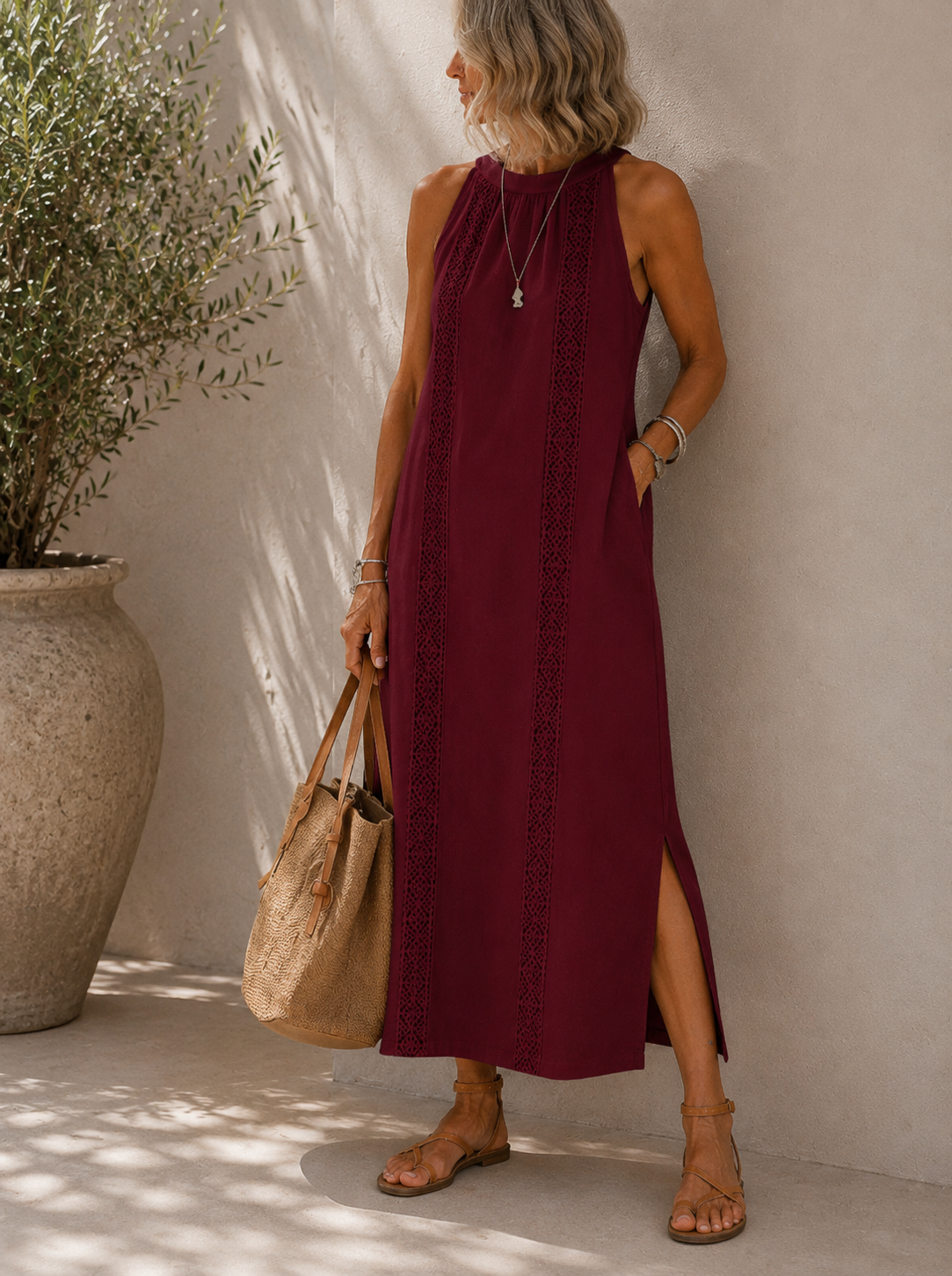Lace Panel Halter Neck Side Split Maxi Dress