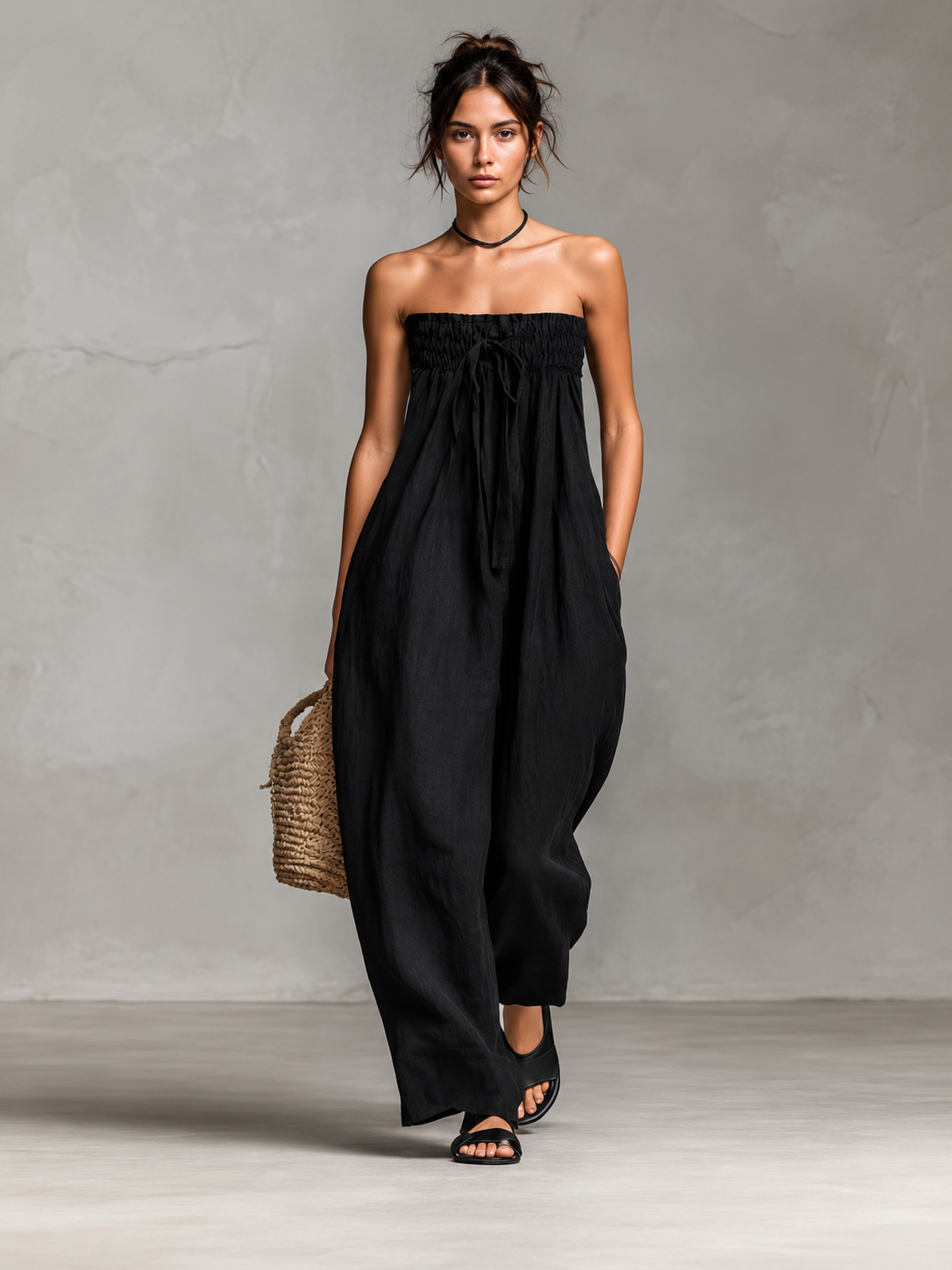 Strapless Smocked Drawstring Wide Leg Jumpsuit