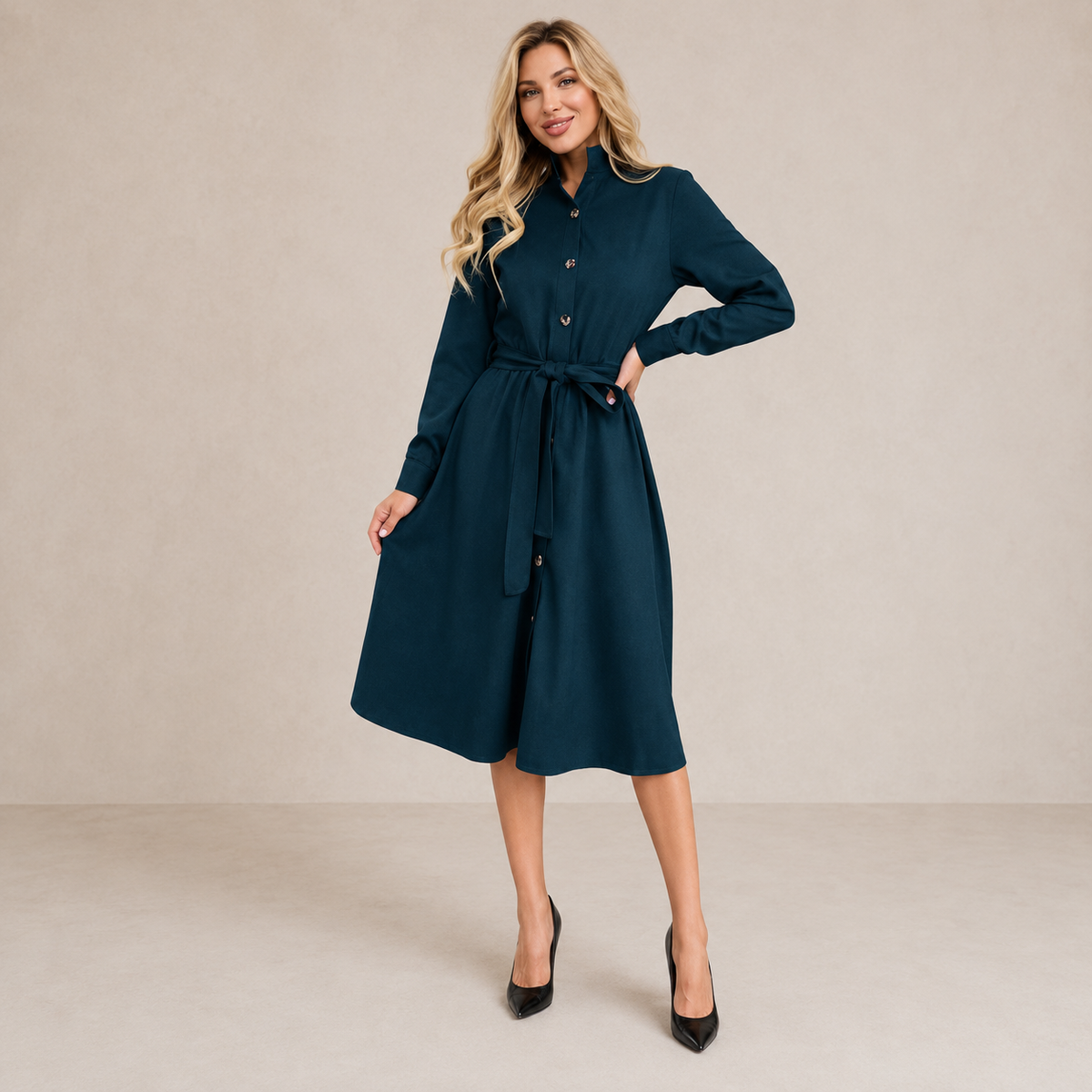Long Sleeve Belted Button Front A-Line Midi Shirt Dress