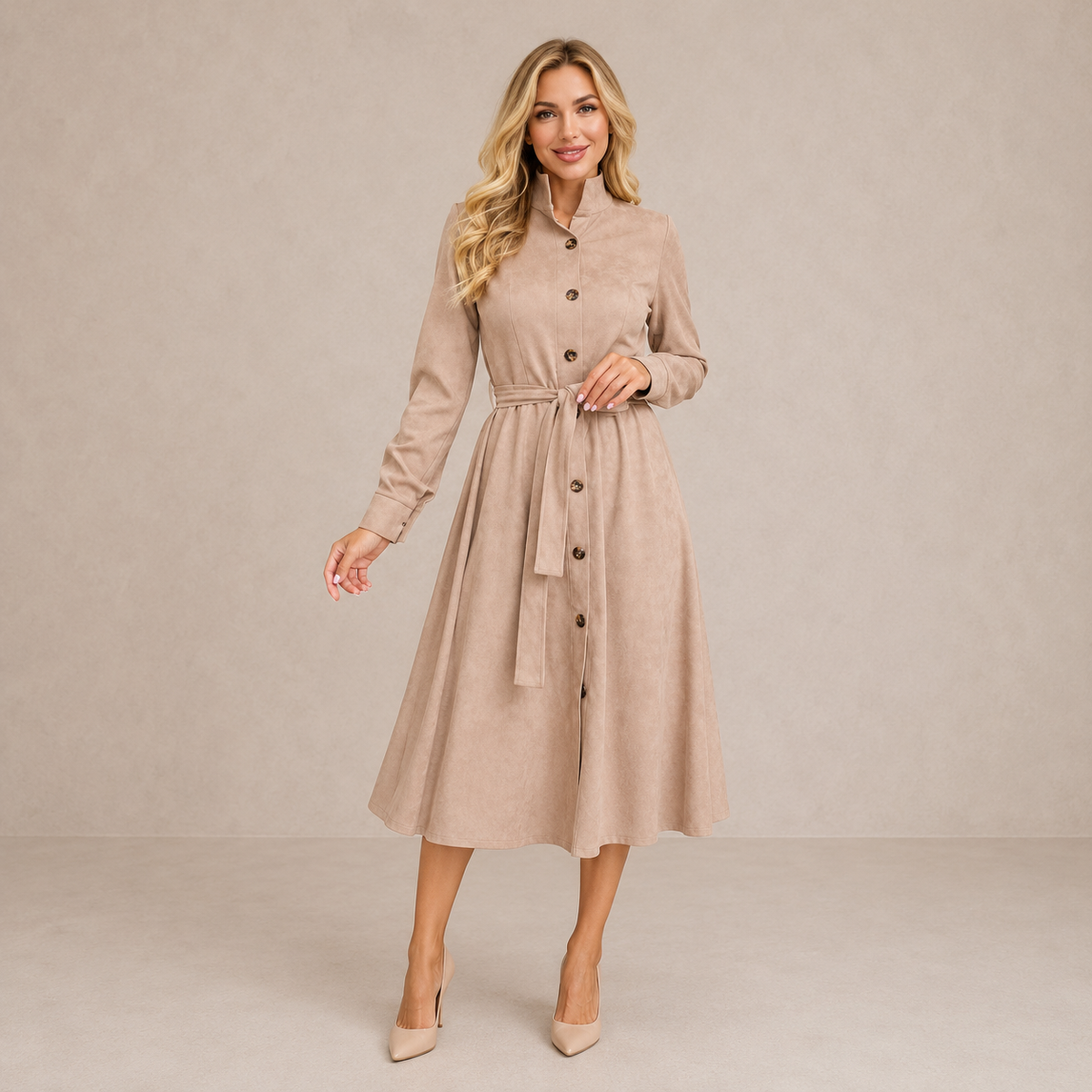 Long Sleeve Belted Button Front A-Line Midi Shirt Dress