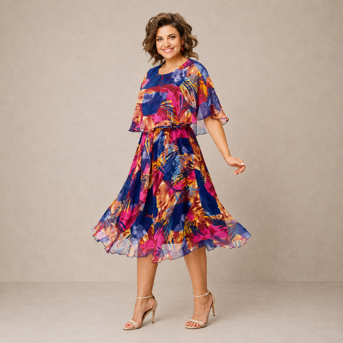 Floral Cape Overlay Chiffon Midi Dress
