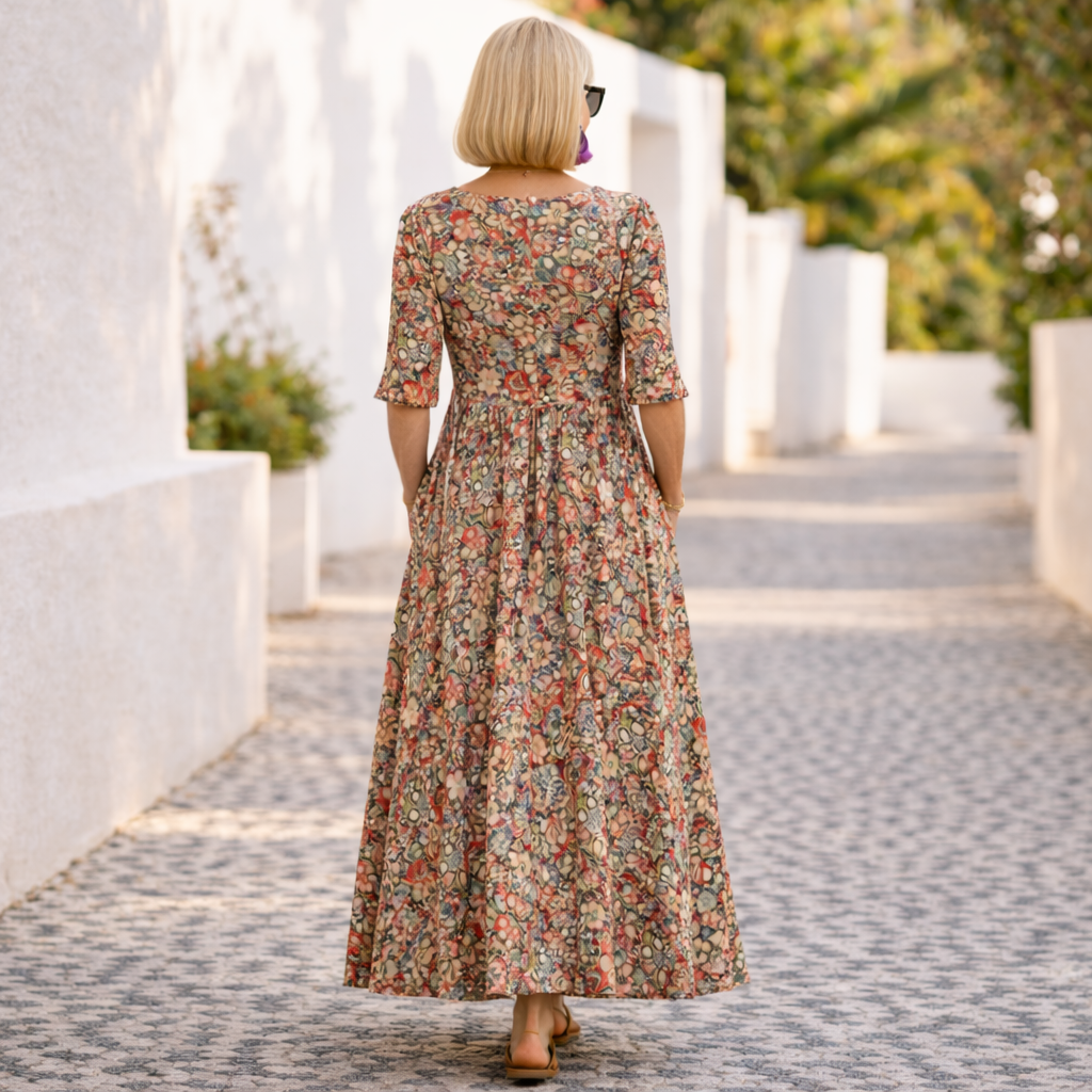 Floral Print V-Neck Short Sleeve Pocket Maxi Dress Summer