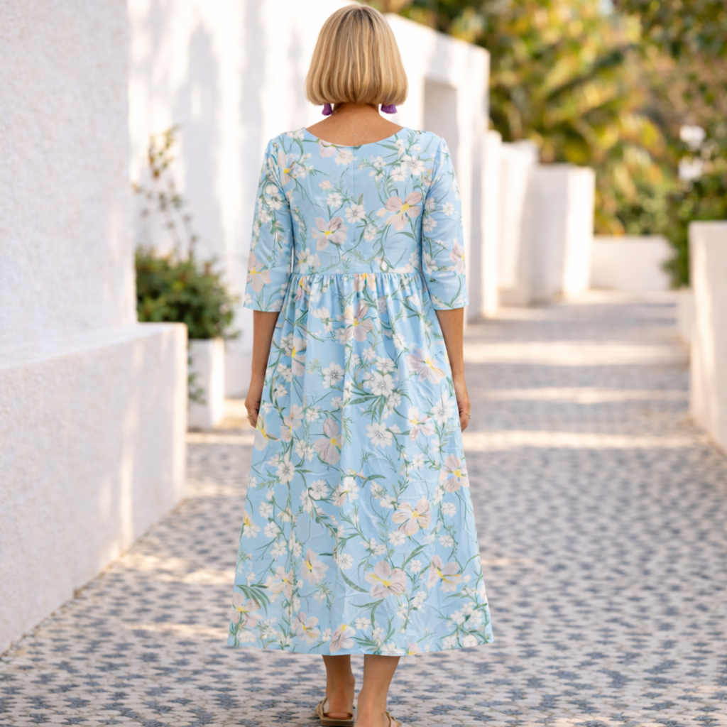 Floral Round Neck Half Sleeve Empire Midi Dress