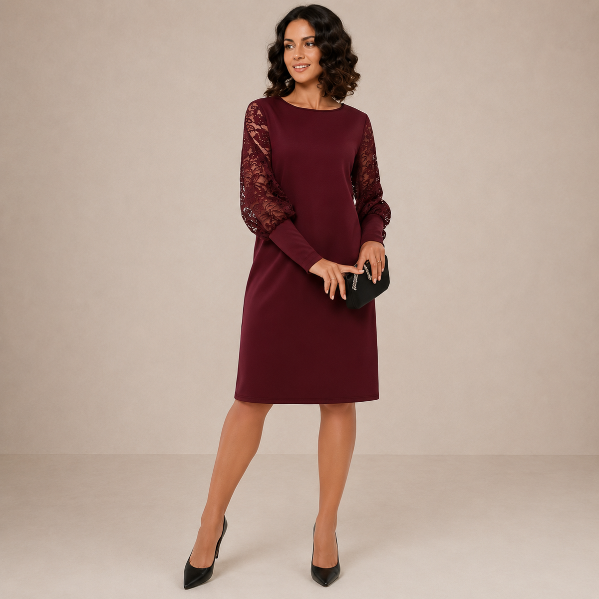 Lace Sleeve Boat Neck Long Sleeve Shift Dress
