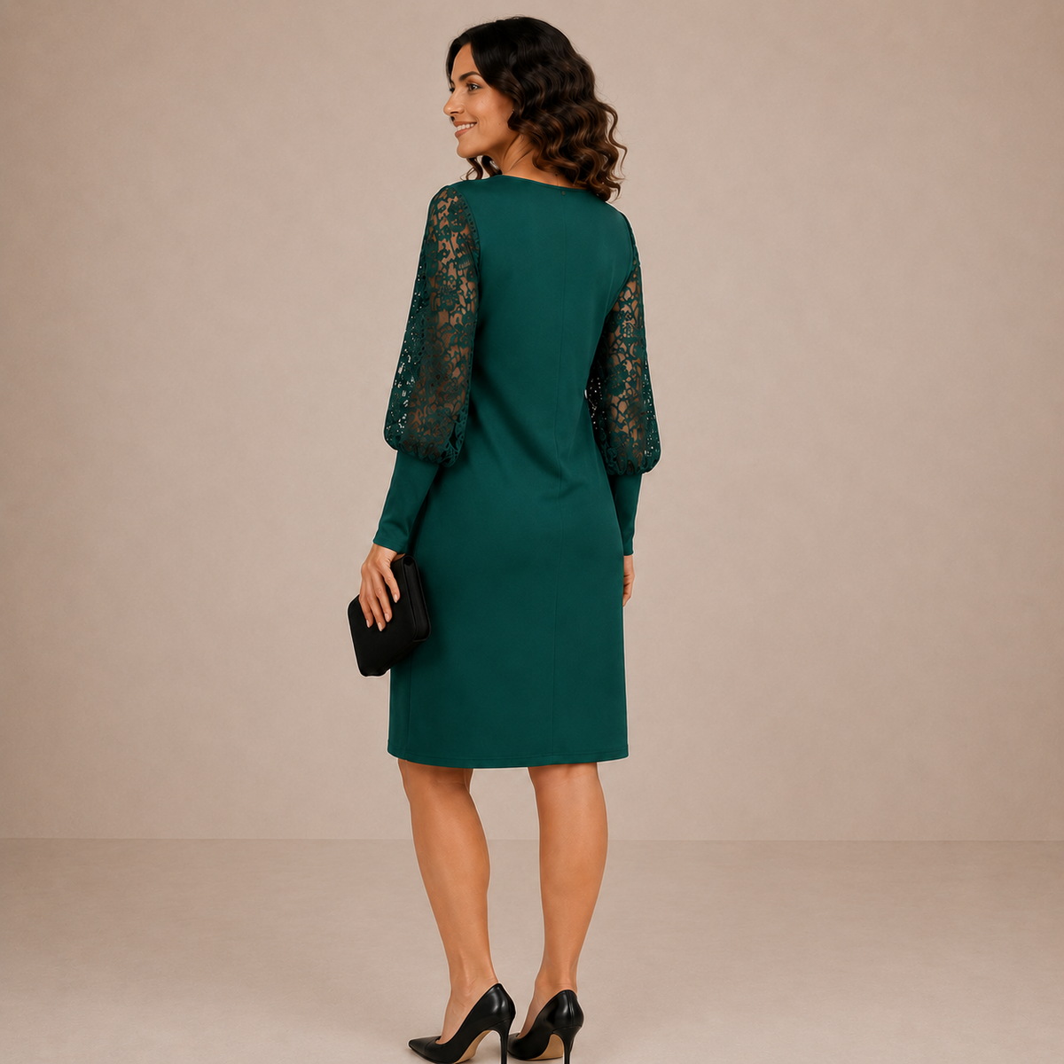 Lace Sleeve Boat Neck Long Sleeve Shift Dress