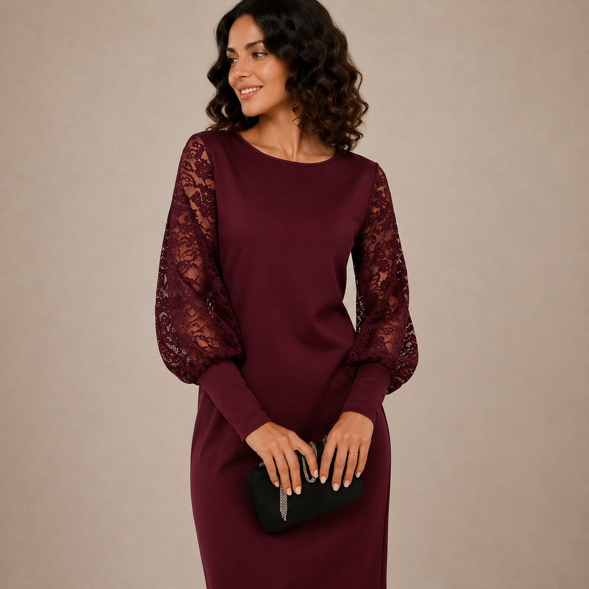 Lace Sleeve Boat Neck Long Sleeve Shift Dress