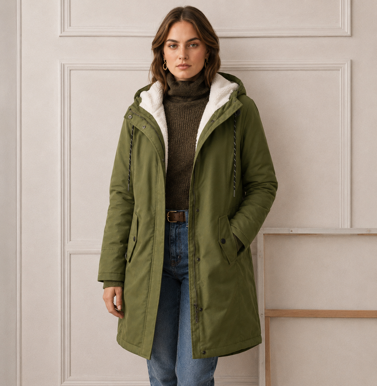 Hooded Sherpa Lined Zip Front Utility Parka Jacket