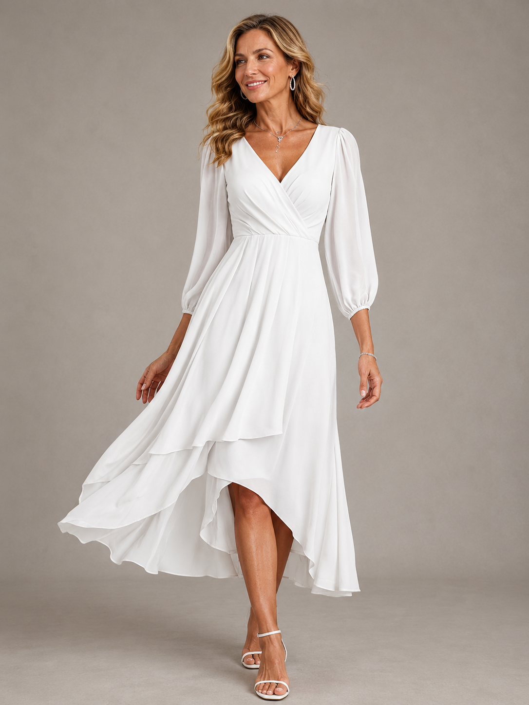 Wrap V-Neck Long Sleeve High Low Chiffon Midi Dress