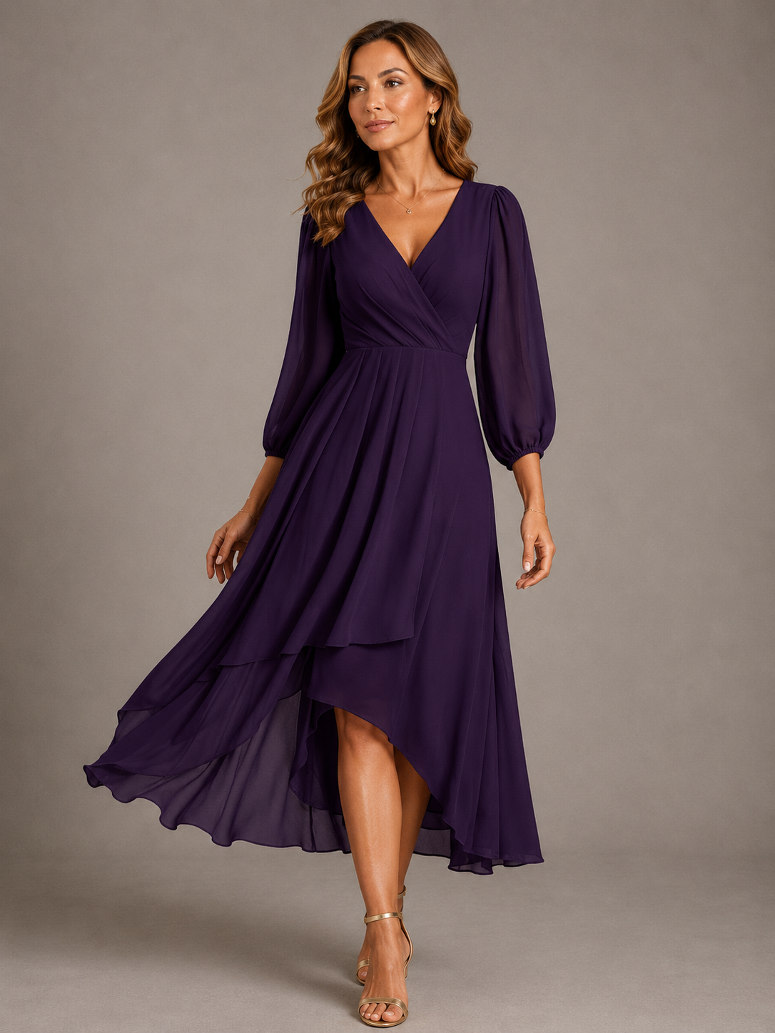 Wrap V-Neck Long Sleeve High Low Chiffon Midi Dress