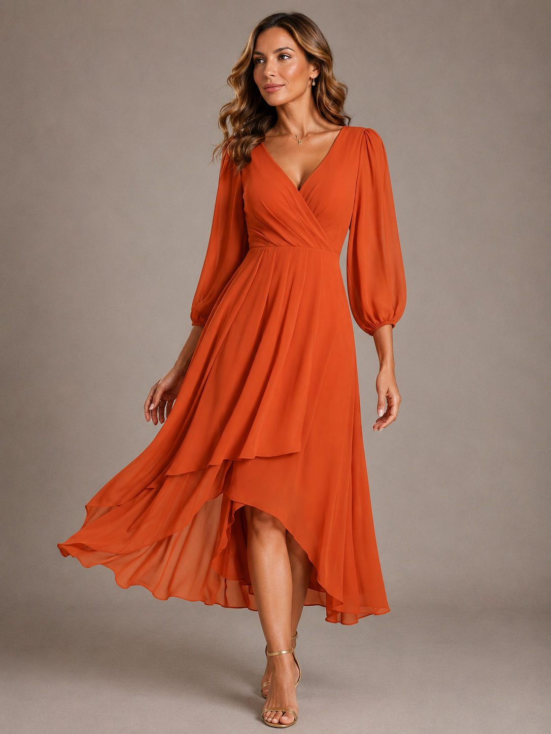 Wrap V-Neck Long Sleeve High Low Chiffon Midi Dress