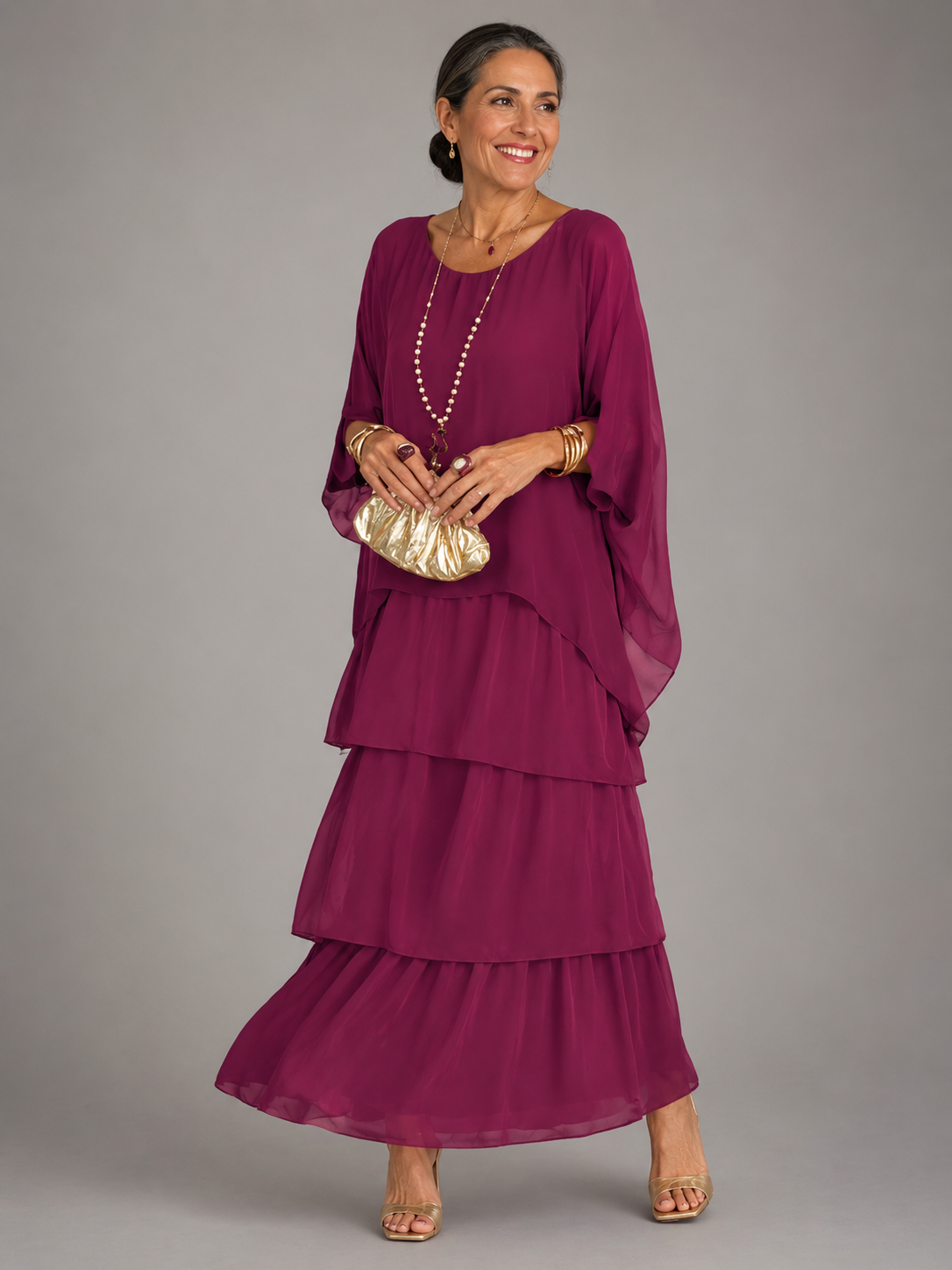 Round Neck Flutter Sleeve Tiered Chiffon Maxi Dress