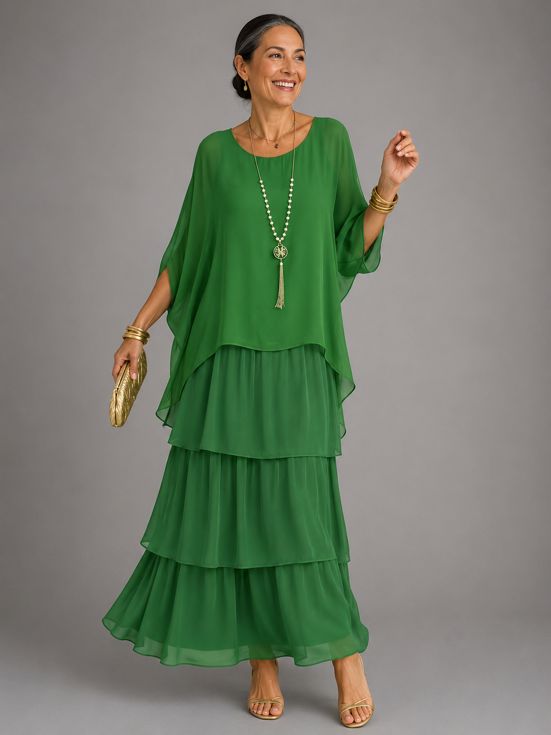 Round Neck Flutter Sleeve Tiered Chiffon Maxi Dress