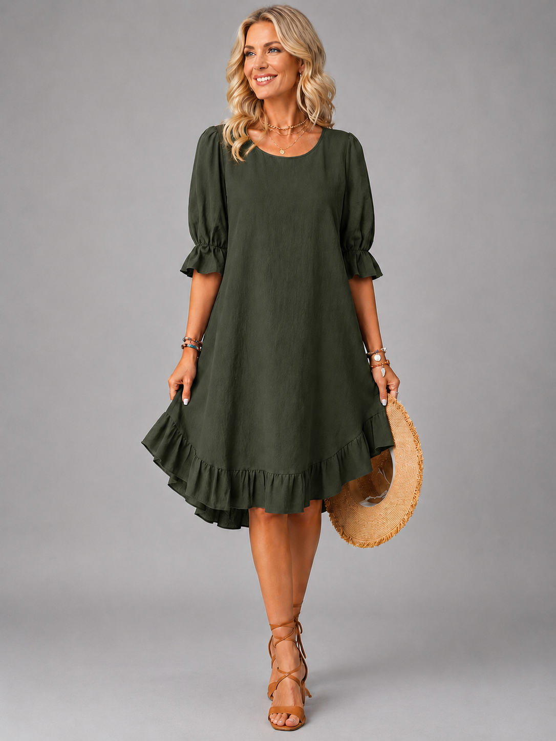 Round Neck Ruffle Sleeve Ruffle Hem A-Line Midi Dress