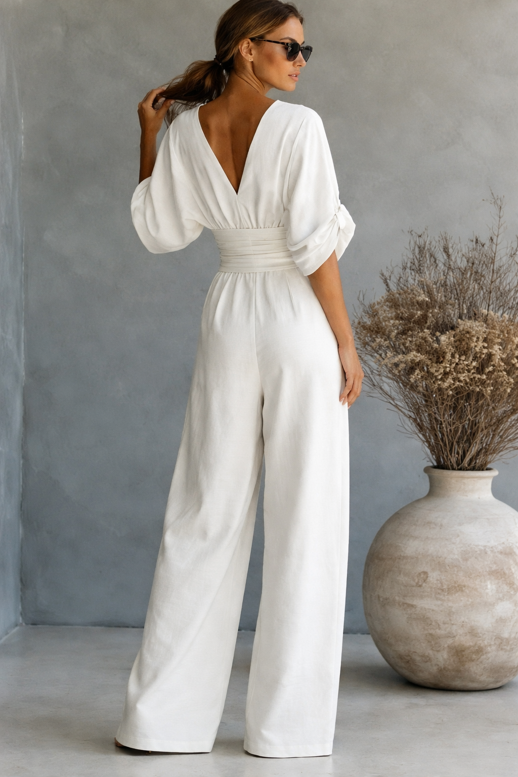 V-Neck Batwing Sleeve High Waist Wide Leg Jumpsuit