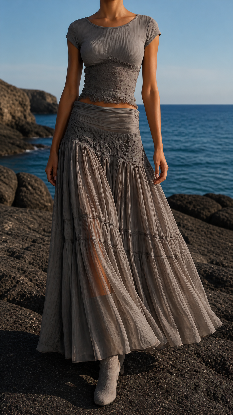 Cap Sleeve Crochet Trim Top and Tiered Maxi Skirt Two Piece Set