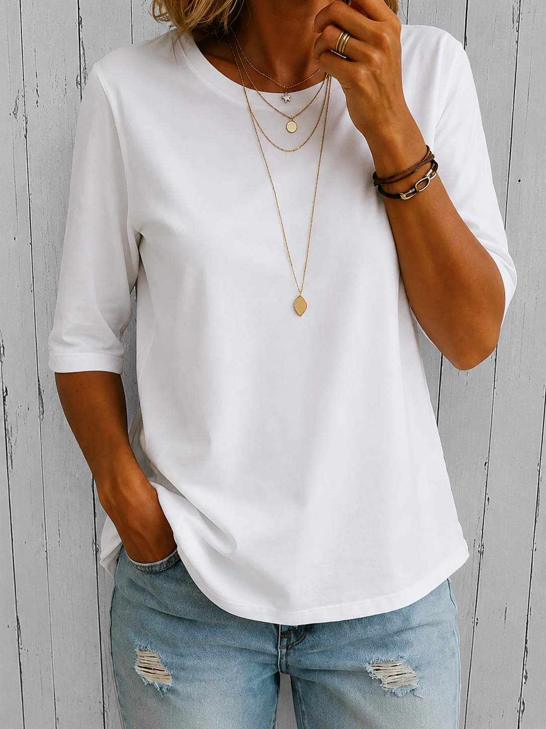 Crew Neck Half Sleeve Curved Hem Top