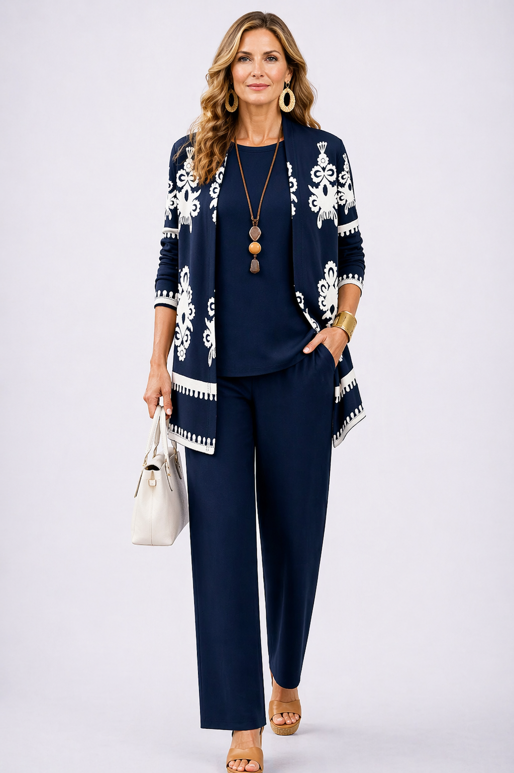 Damask Print Open Jacket Top and Pants Three Piece Set