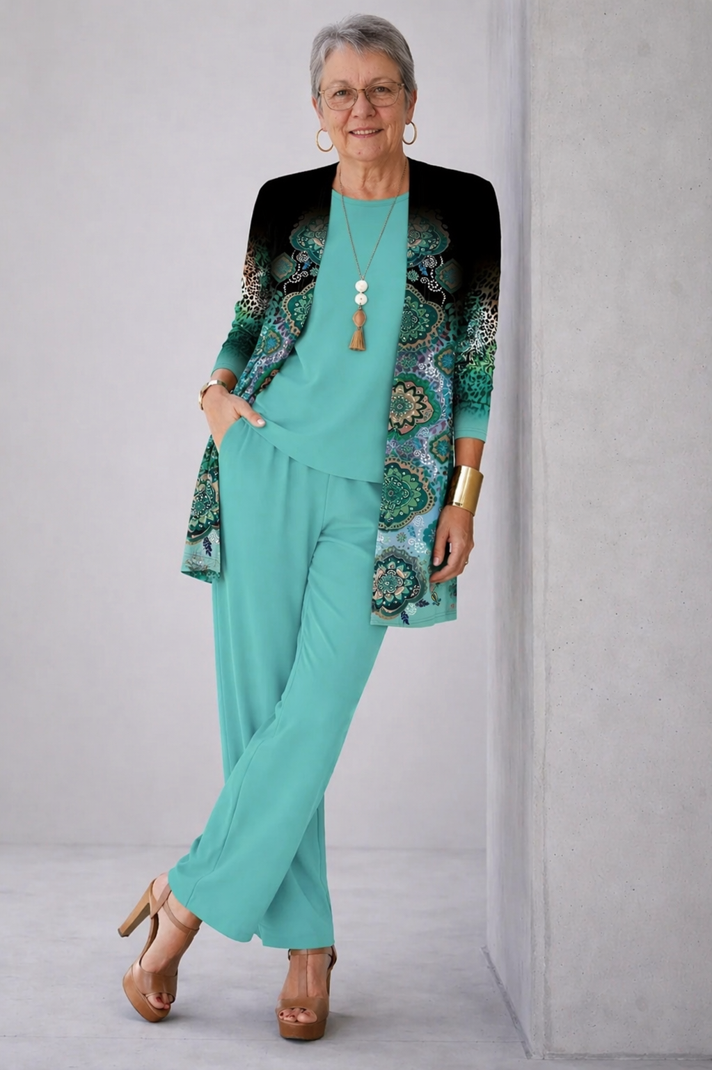 Paisley Print Longline Cardigan Tank and Pants Three Piece Set