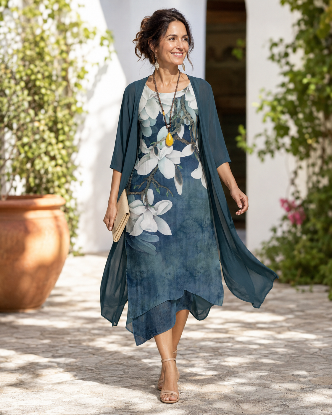 Floral Print Dress and Sheer Duster Two Piece Set