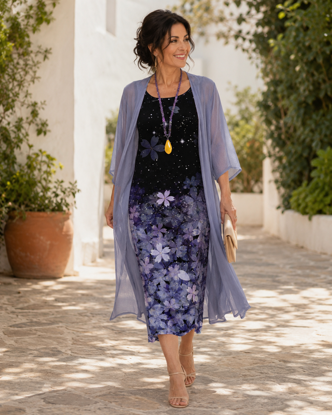 Floral Sleeveless Dress and Longline Chiffon Duster Two Piece Set 3