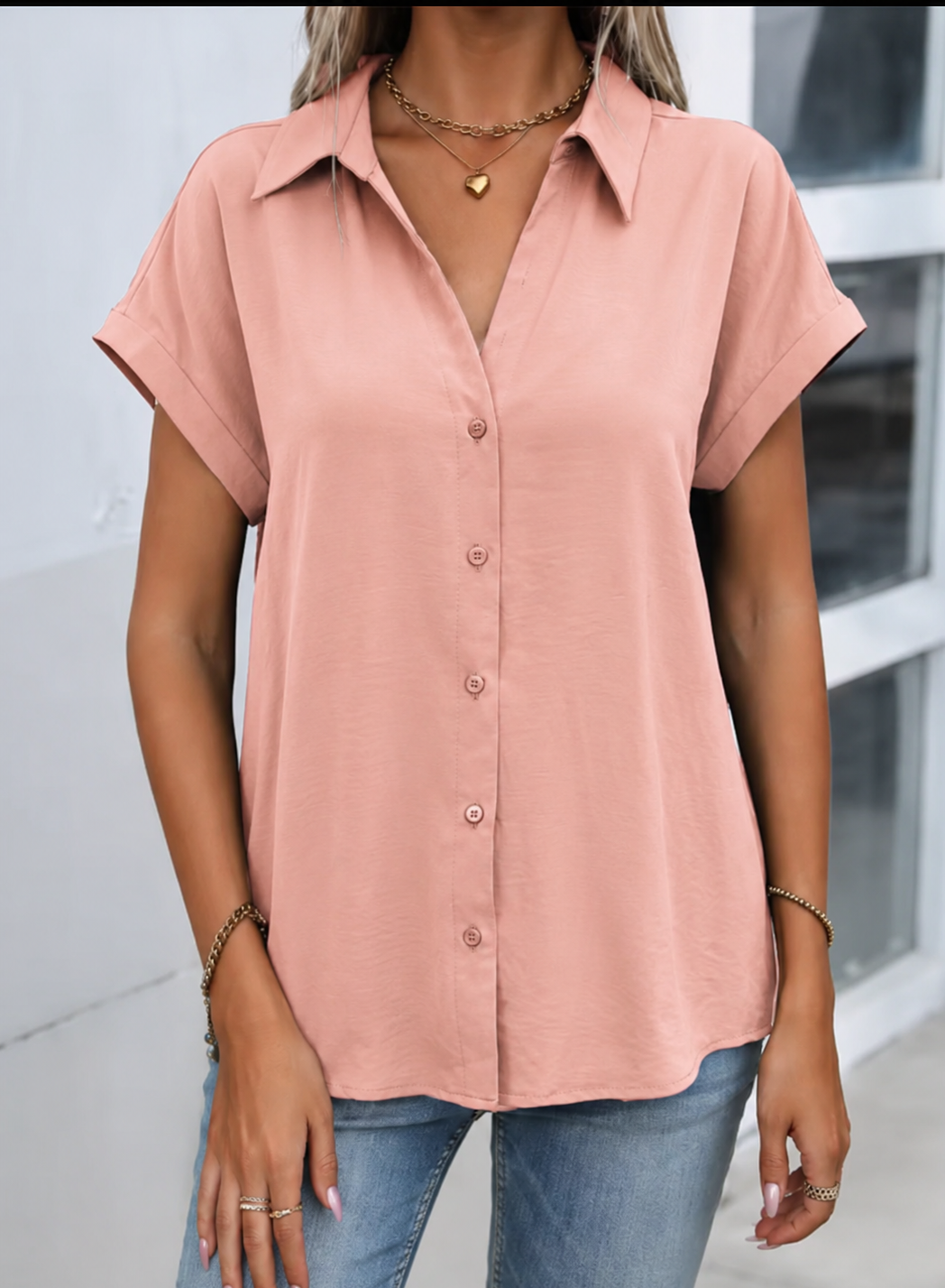 Collared Button Front Short Dolman Sleeve Satin Shirt
