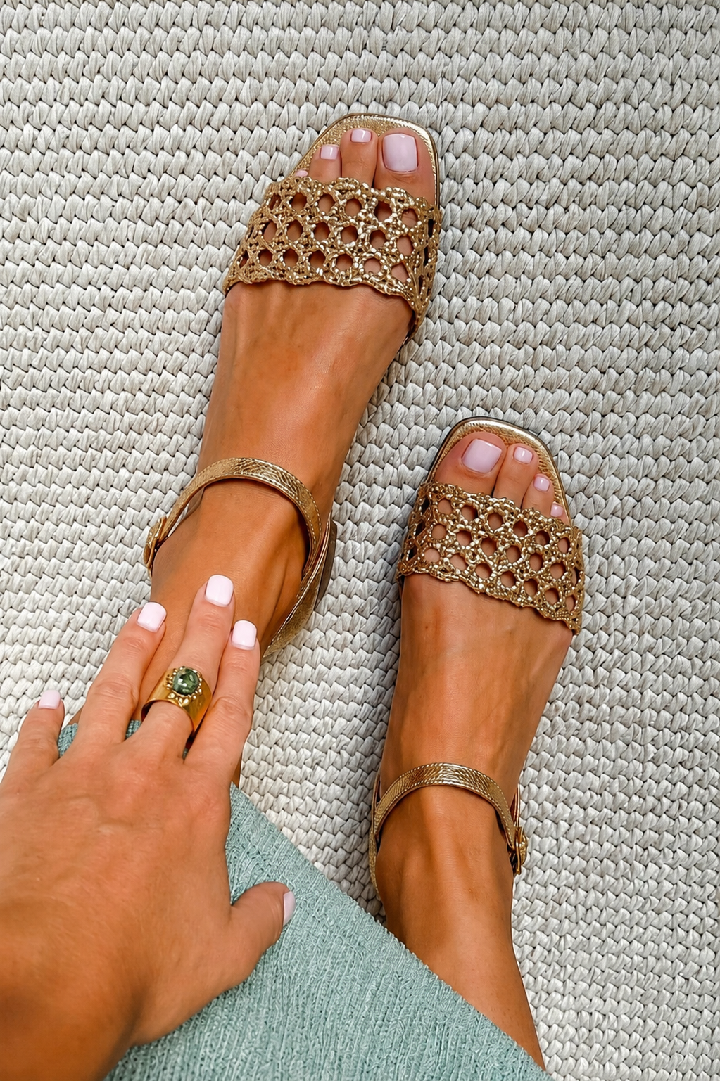 Perforated Woven Ankle Strap Flat Sandals