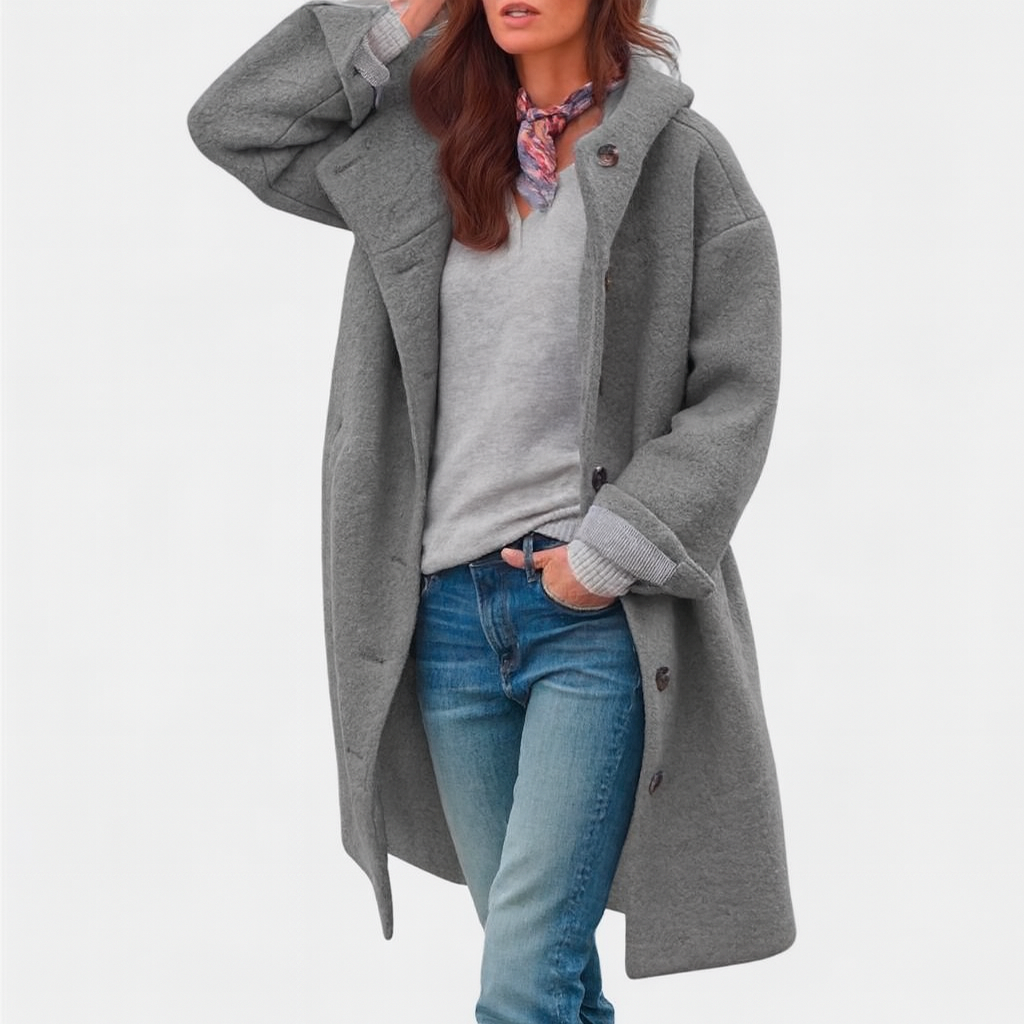 Hooded Button Front Longline Wool Look Coat