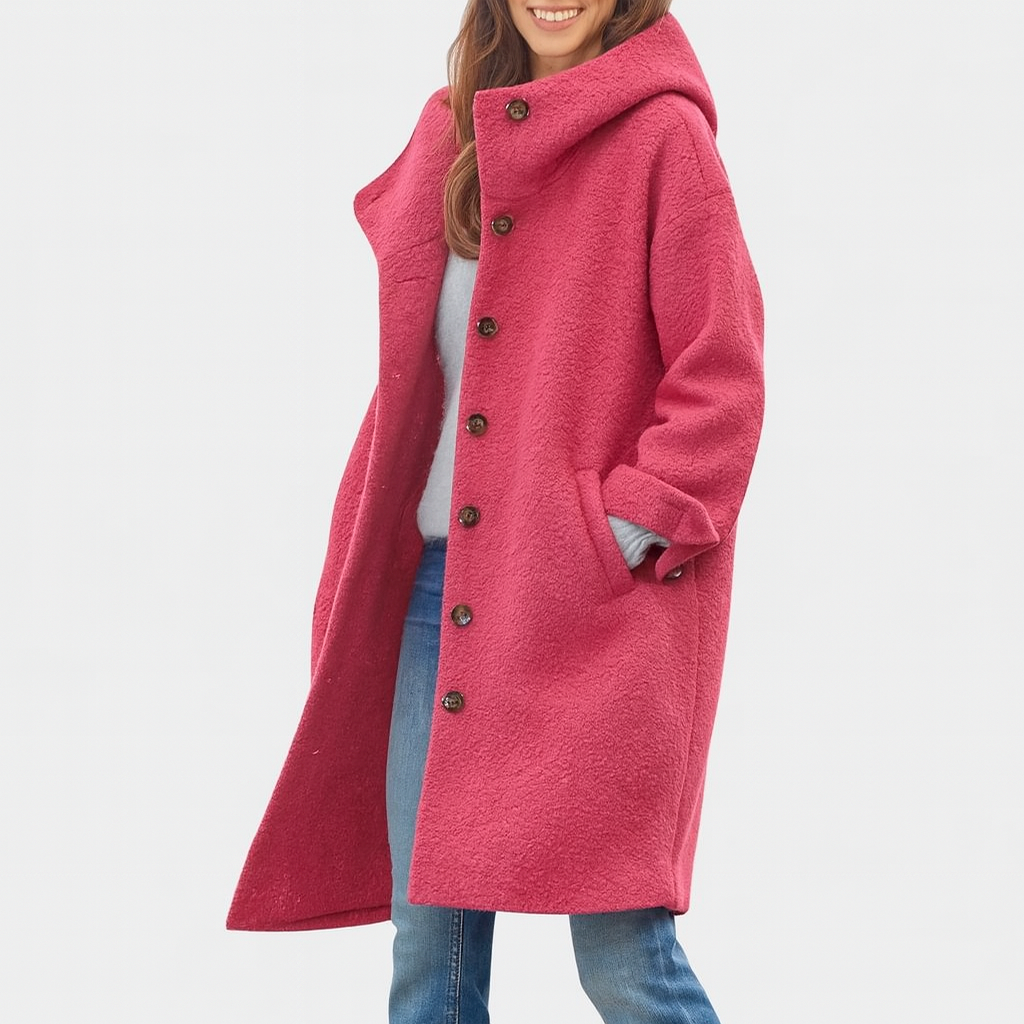 Hooded Button Front Longline Wool Look Coat