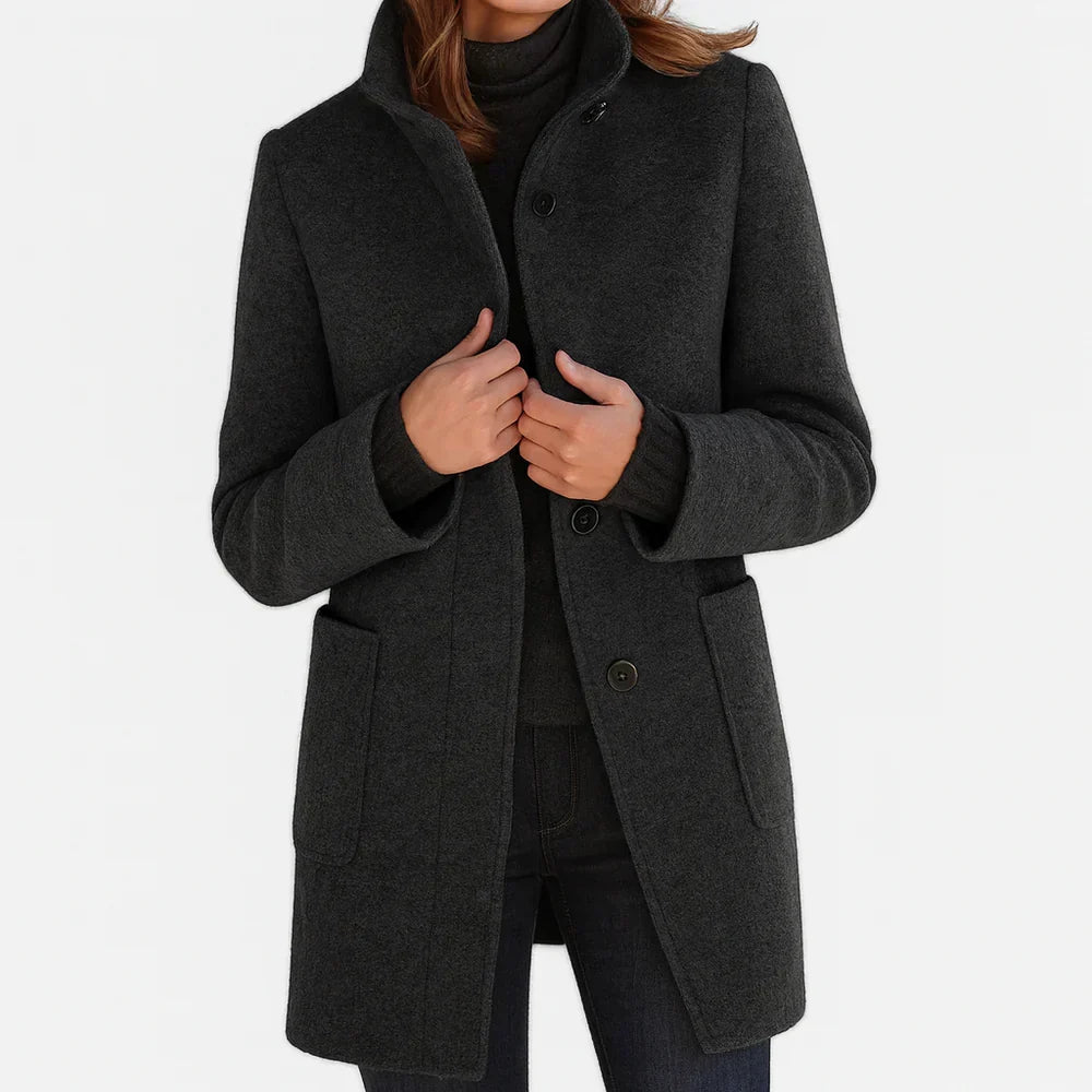 Stand Collar Button Front Wool Blend Coat