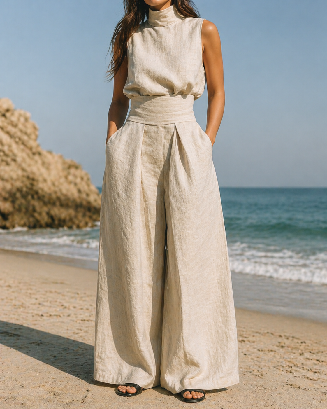 Sleeveless High Neck Top and Wide Leg Pants Two Piece Set