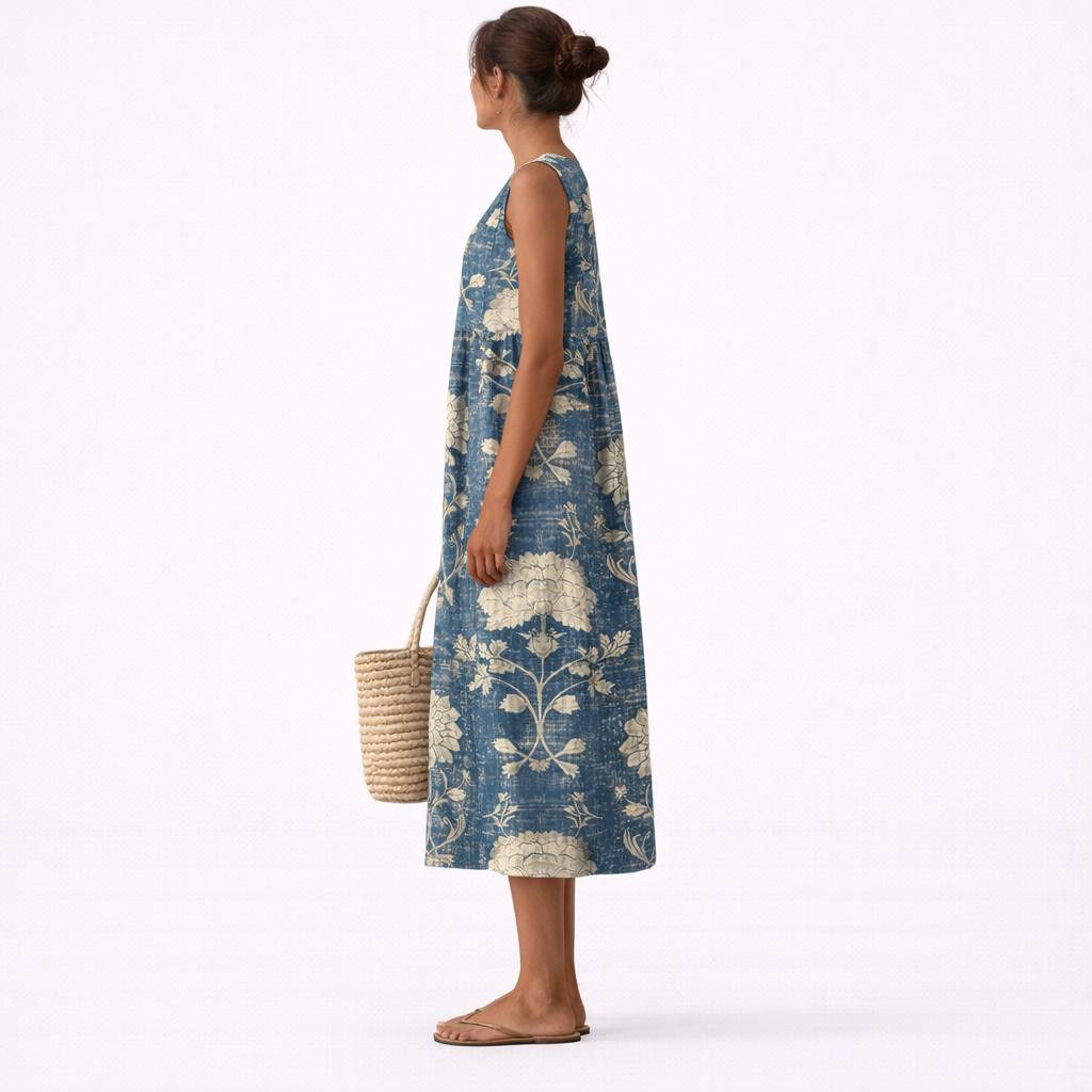 Floral Round Neck Sleeveless Pleated Waist Midi Dress