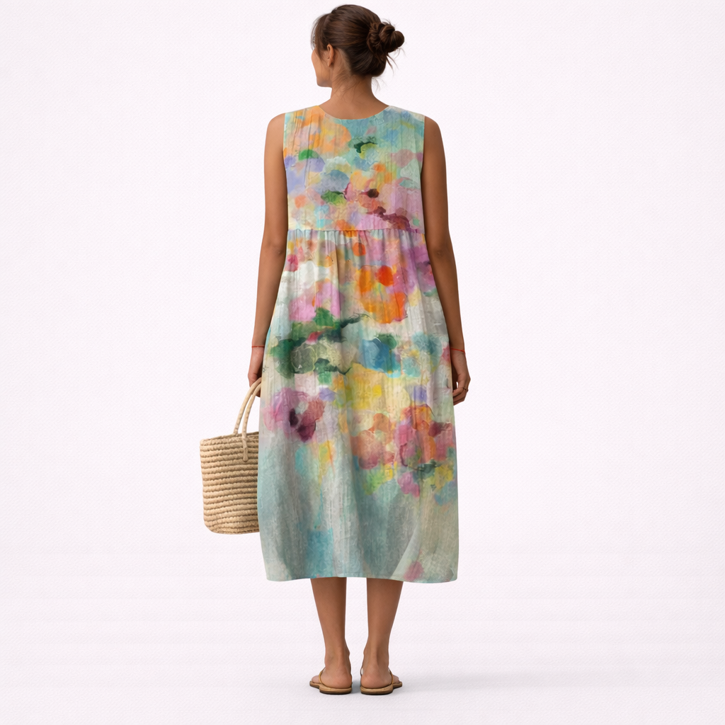 Round Neck Sleeveless Floral Print Tiered Midi Dress