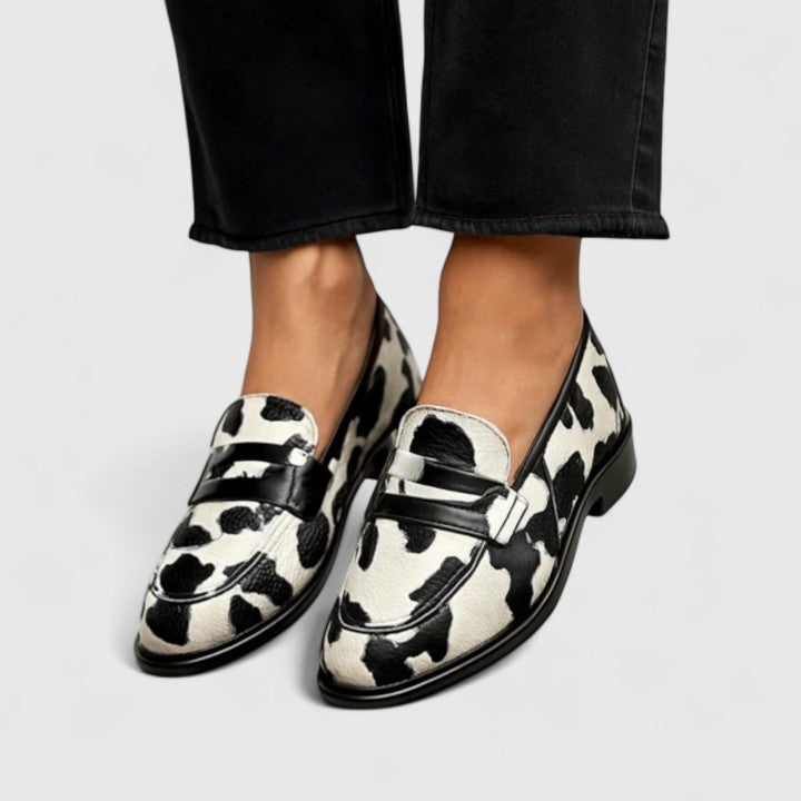 Cow Print Buckle Strap Loafers